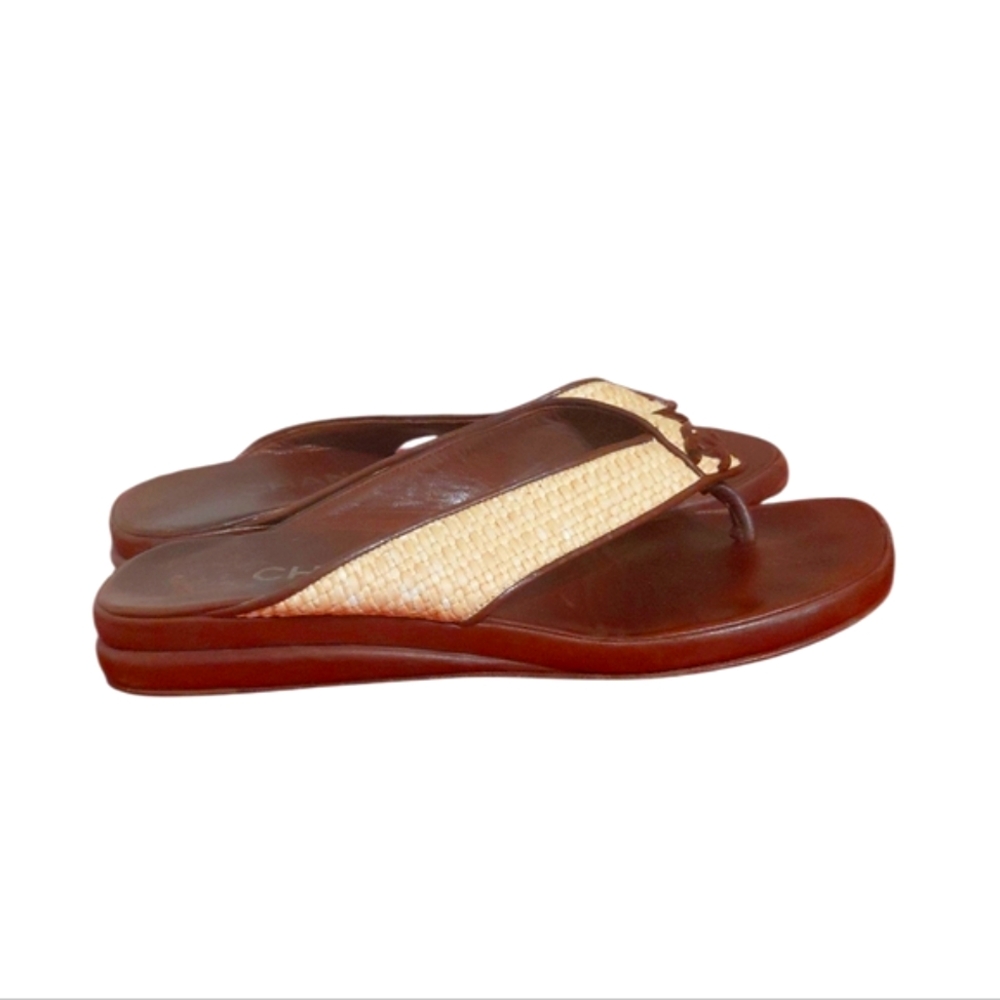CHANEL Woven Straw And Brown Leather Thong Sandals Women's Size 6 - Picture 5 of 11